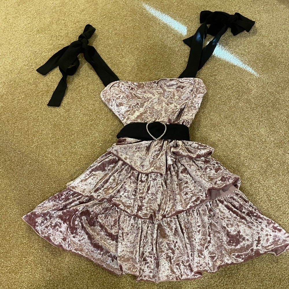 Cider Velvet Bowknot Mini Dress With Belt